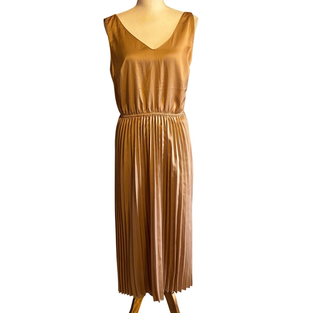 Current Air Bronze Pleated Satin Maxi Dress Medium, quiet luxury, old money